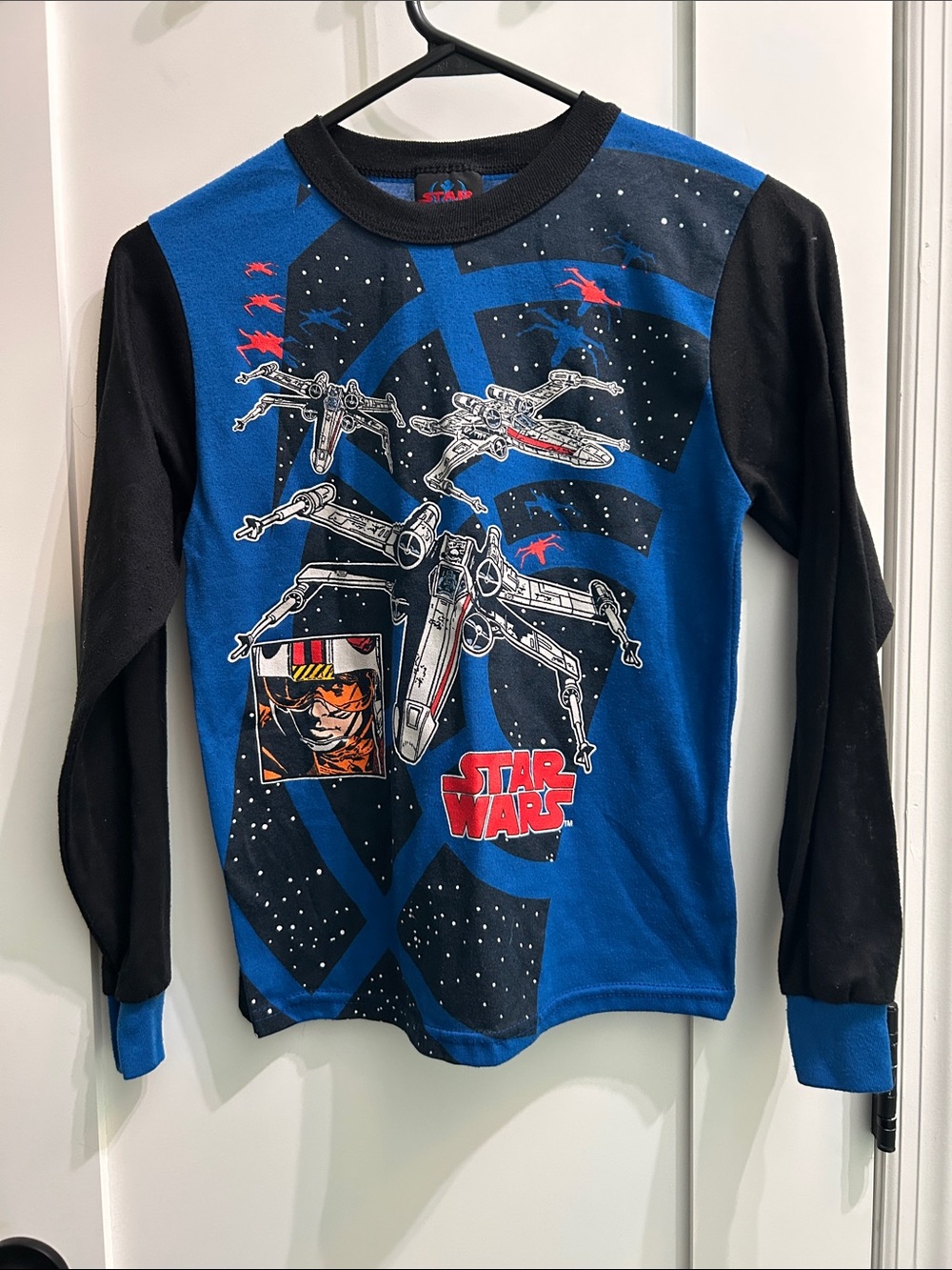 Vintage 80s Kids size 12 Star Wars Blue & Black X-Wing Graphic Long Sleeve Tee